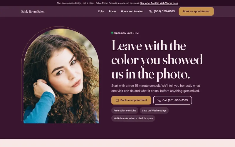 Laptop screenshot of the Sable Room Salon sample site