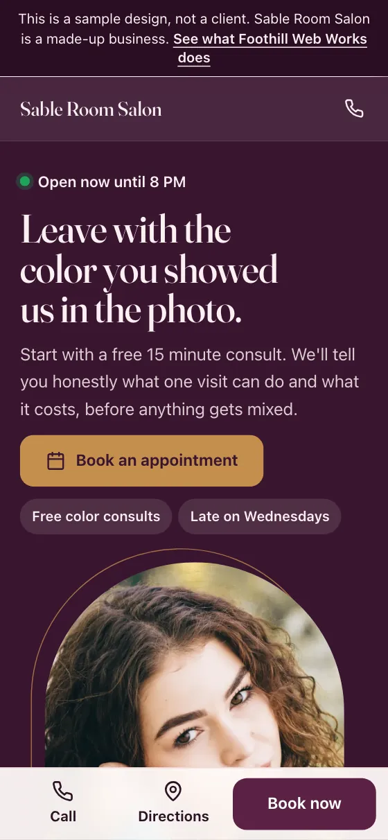 Phone screen of the Sable Room Salon sample site